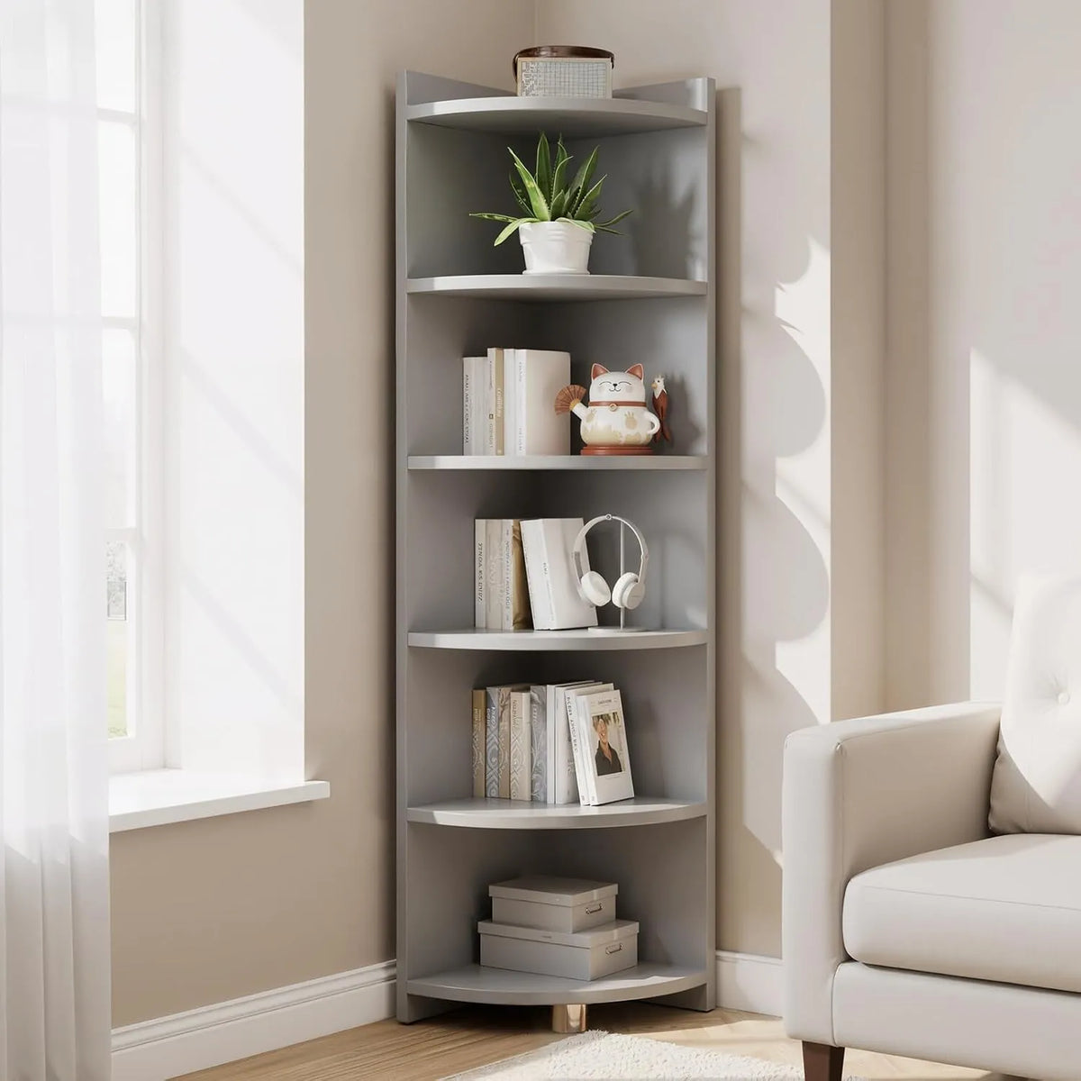 Étagère en Bois Massif Triangulaire - Meuble de Rangement Élégant pour Salon et Chambre - Finition Grise, 180 cm