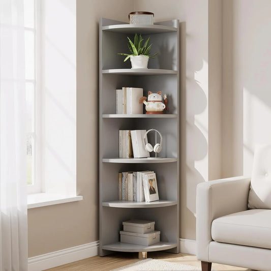Étagère en Bois Massif Triangulaire - Meuble de Rangement Élégant pour Salon et Chambre - Finition Grise, 180 cm