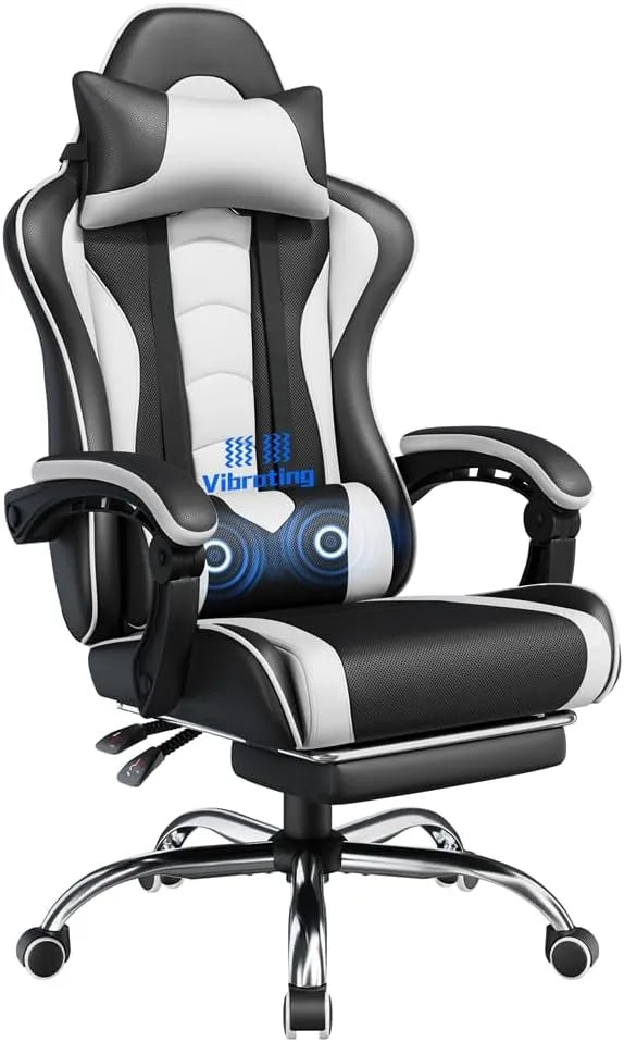 Chaise de Jeu Ergonomique Massante avec Repose-Pieds et Rembourrage en Similicuir - Blanc