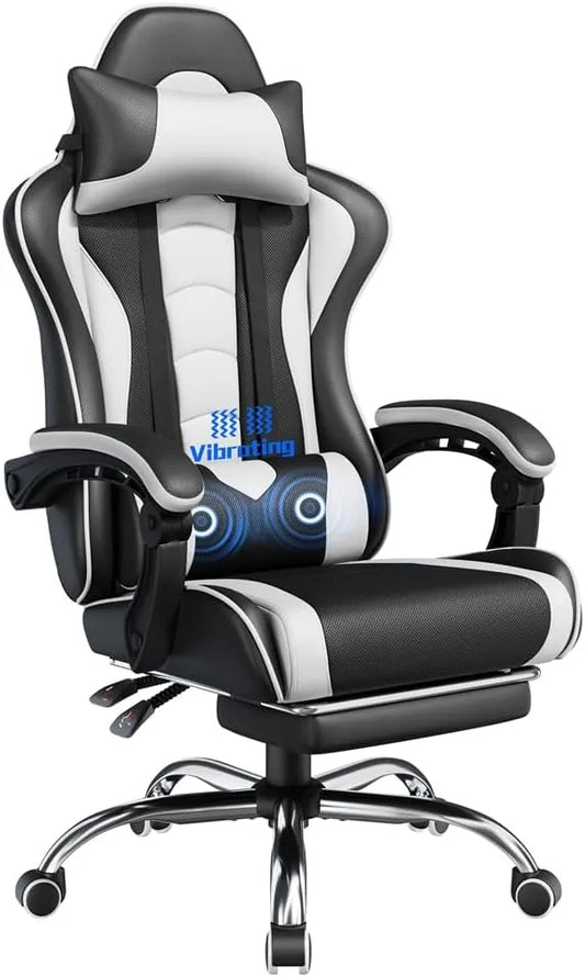 Chaise de Jeu Ergonomique Massante avec Repose-Pieds et Rembourrage en Similicuir - Blanc