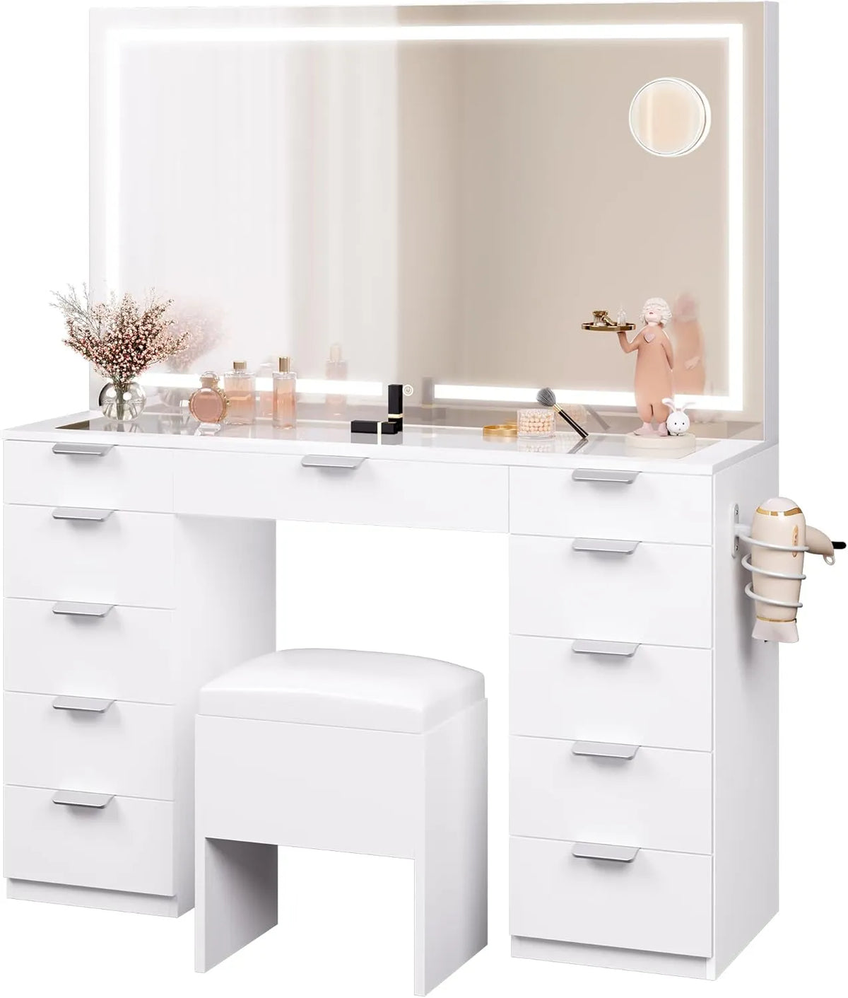 Coiffeuse Moderne LED avec Miroir Lumineux et 11 Tiroirs - Blanche