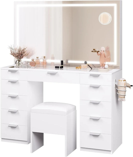 Coiffeuse Moderne LED avec Miroir Lumineux et 11 Tiroirs - Blanche