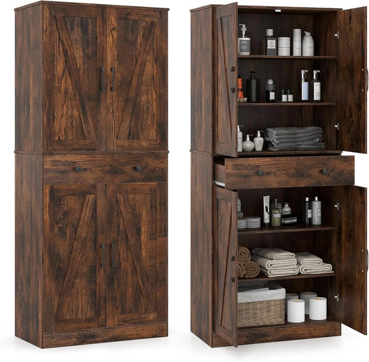 Armoire de Rangement Moderne 183 cm, 4 Portes, Grand Tiroir, 3 Étagères Ajustables, Marron Rustique