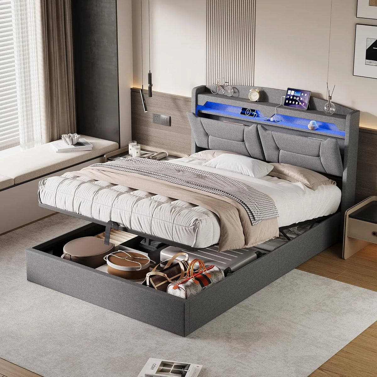 Lit Double avec LED, Ports USB et Rangement, Sommier en Bois, 140x200 cm, Gris