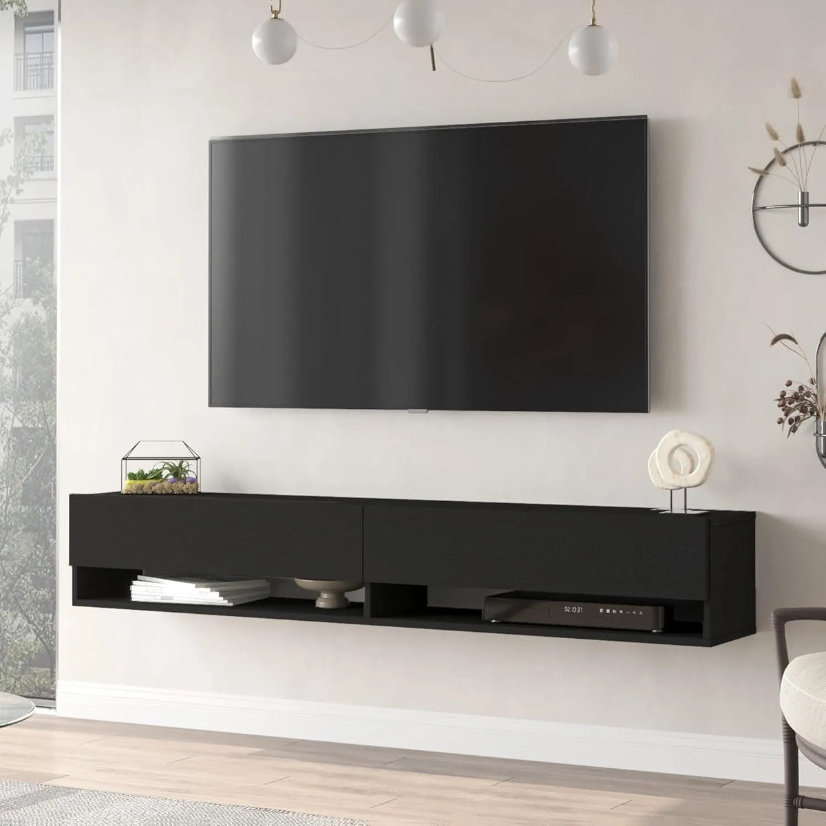Meuble TV Moderne avec 2 Compartiments de Rangement, Noir, 30x180x32 cm