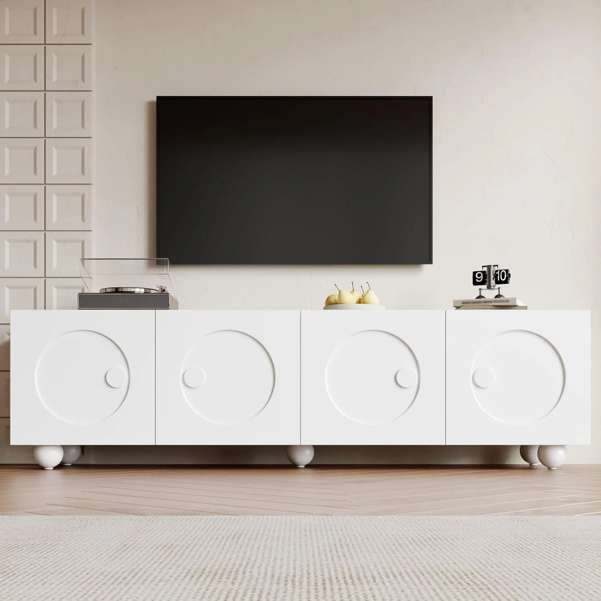 Buffet TV Moderne Blanc avec Rangements Multiples pour Séjour (180,5 x 38 x 50 cm)