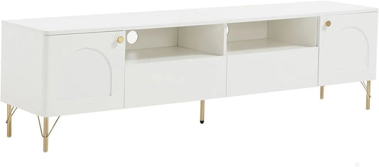 Meuble TV Moderne avec Portes et Tiroirs - Coloris Blanc et Doré