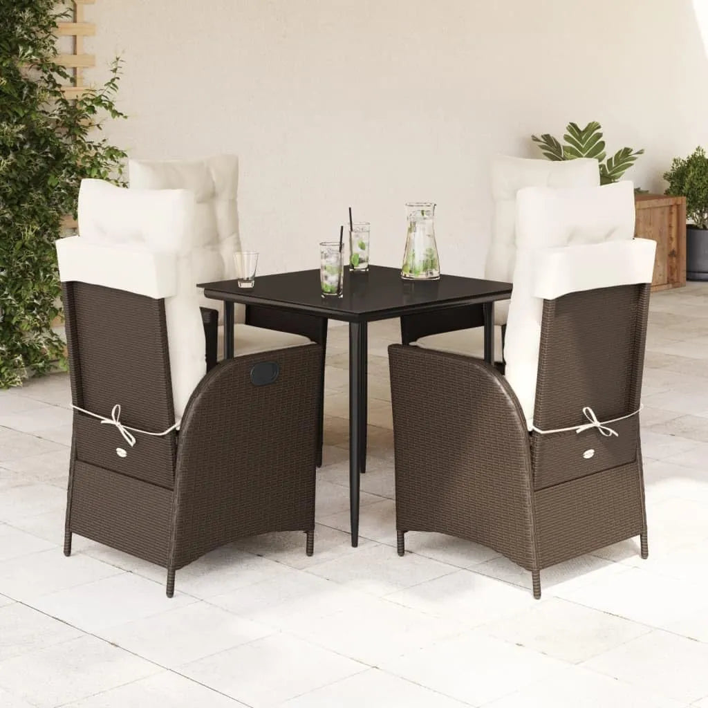 Ensemble Mobilier de Jardin 5 Pièces: Salon en Rotin Synthétique avec Table et Chaises Coussinées, Marron, Pour Terrasse et Balcon