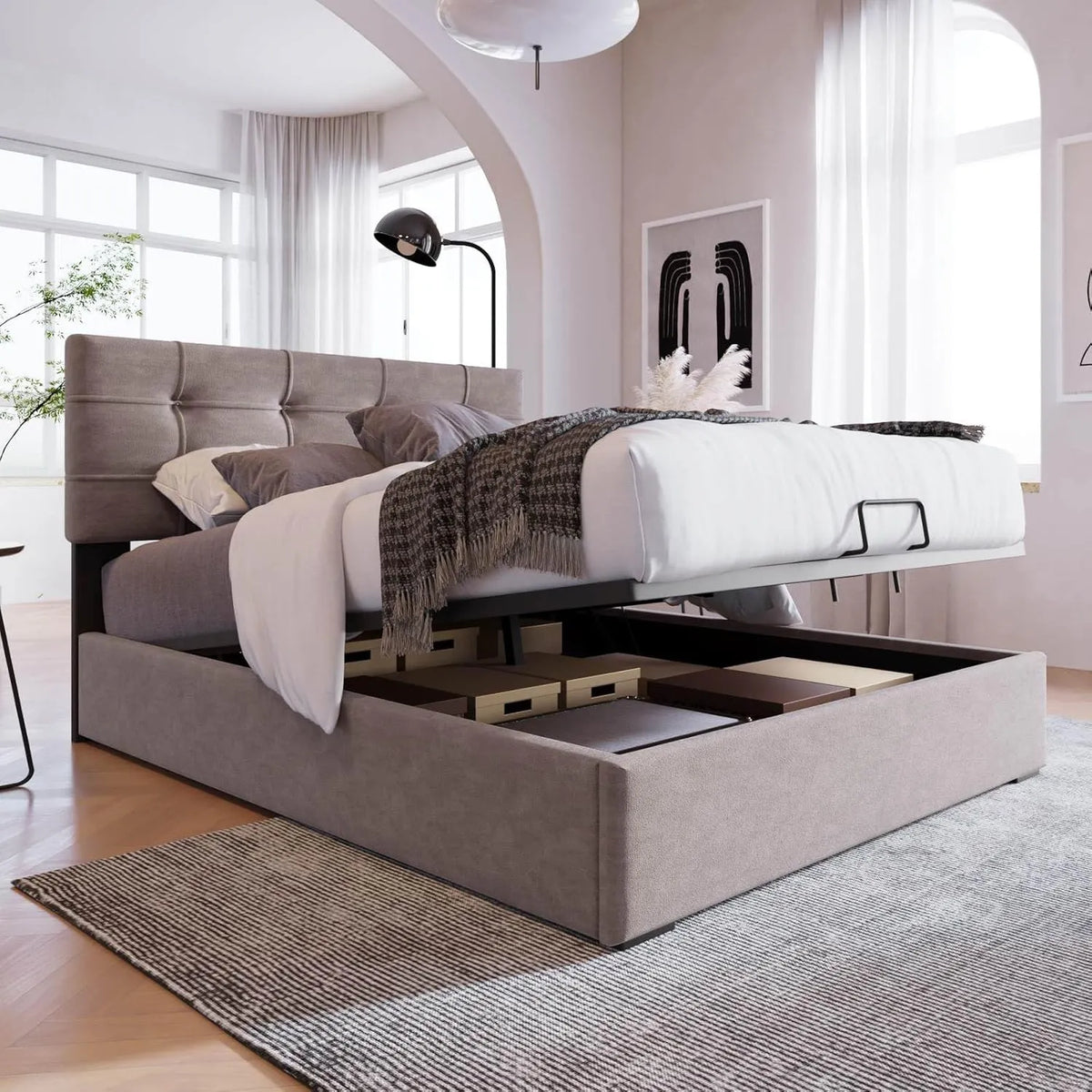 Lit Coffre Rembourré 90x200CM avec Tête de Lit Ajustable et Sommier à Lattes