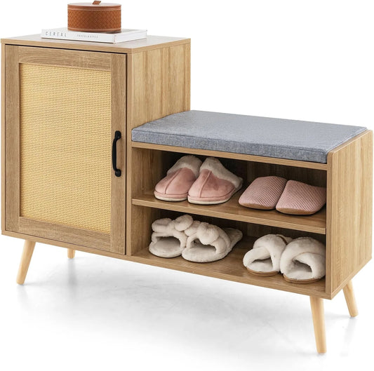 Banc à Chaussures Multifonction en Rotin avec Étagères Réglables, Pieds en Pin, pour Entrée et Chambre