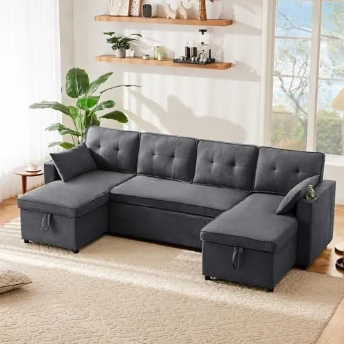 Canapé d'angle réversible 3-4 places, tissu coton lin, lit d'appoint, porte-gobelet, rangements, gris