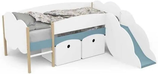 Lit Enfant Toboggan 90x200 cm avec Sommier et 2 Tiroirs - Blanc et Bleu Orage