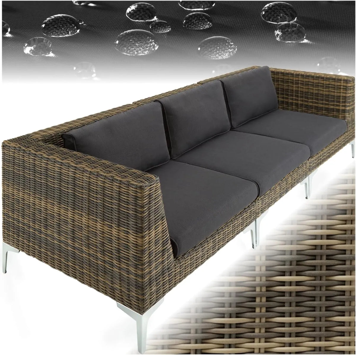Ensemble de Jardin Modulaire en Résine Tressée et Aluminium avec Coussins - Canapé 3 Places pour Balcon et Terrasse