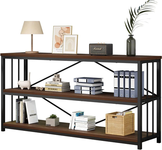 Grande Bibliothèque en Noyer Vintage 160 cm avec 3 Étagères – Meuble de Rangement Robuste pour Salon, Bureau et Chambre
