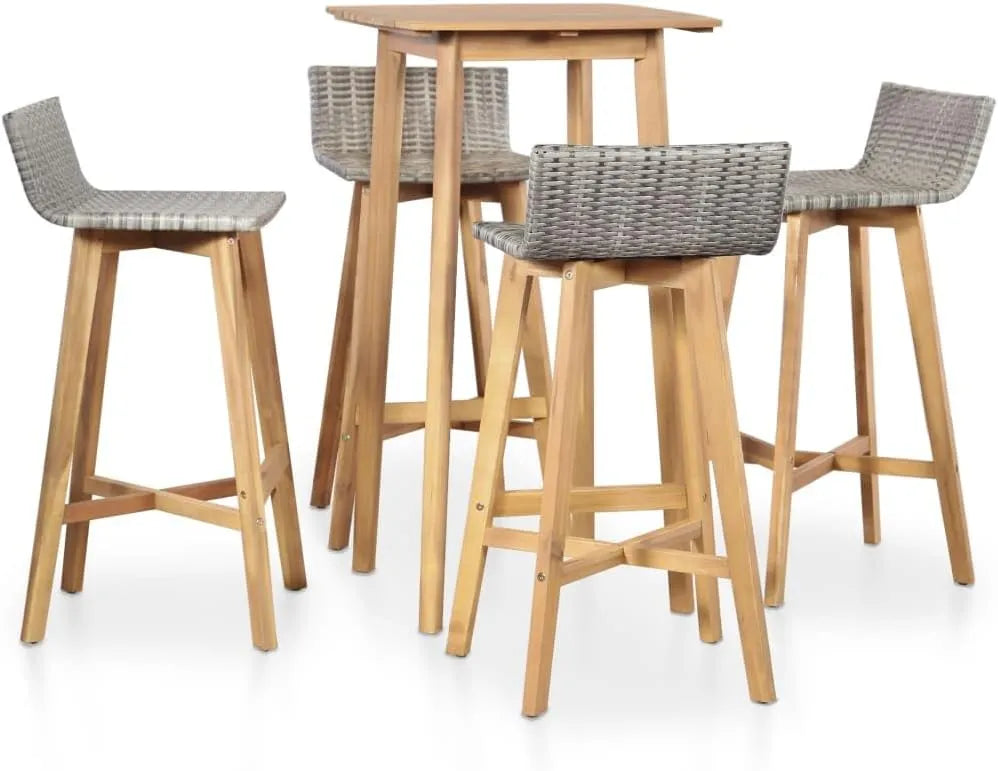 Ensemble de Bar Extérieur 5 Pièces en Acacia et Rotin PE, Résistant aux Intempéries