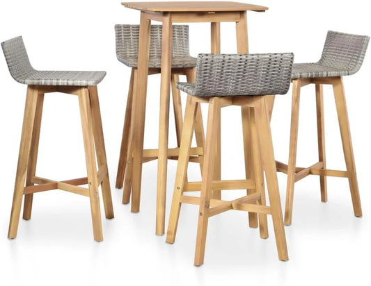 Ensemble de Bar Extérieur 5 Pièces en Acacia et Rotin PE, Résistant aux Intempéries