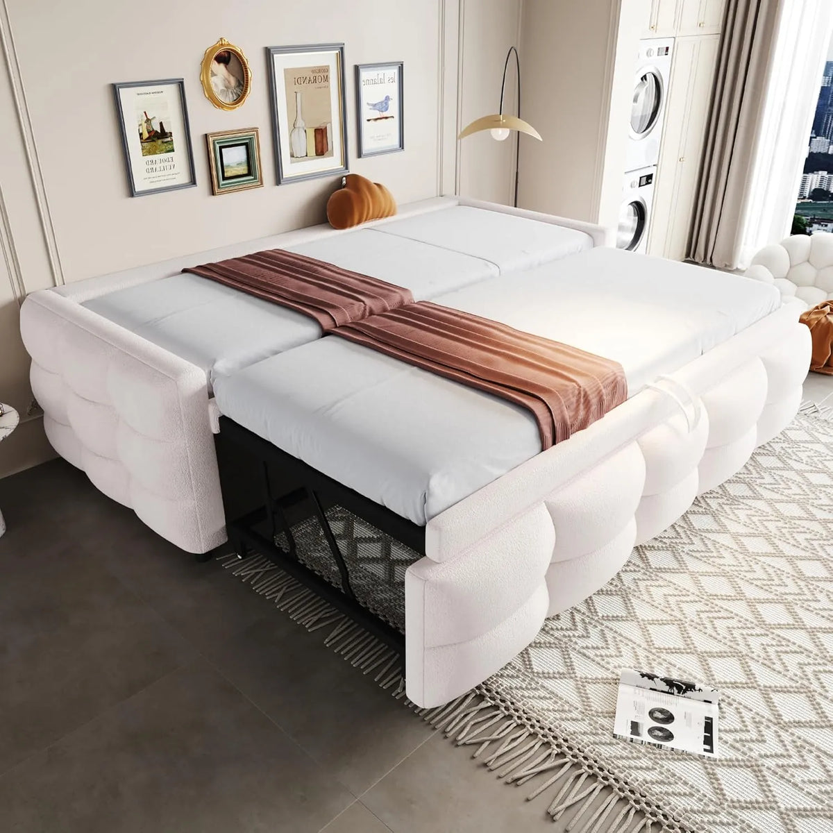 Canapé-lit en velours Teddy beige, 90x190 cm, avec lit gigogne ajustable, lit simple ou double, cadre à lattes inclus