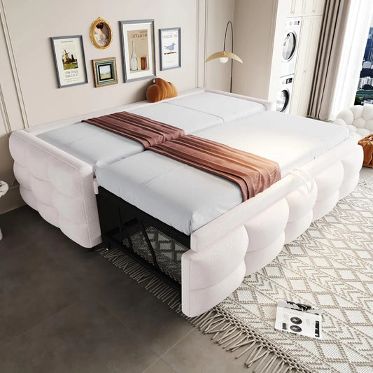 Canapé-lit en velours Teddy beige, 90x190 cm, avec lit gigogne ajustable, lit simple ou double, cadre à lattes inclus