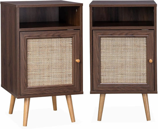 Ensemble de 2 tables de nuit en rotin style bohème 40x39x70 cm couleurs bois foncé avec rangement
