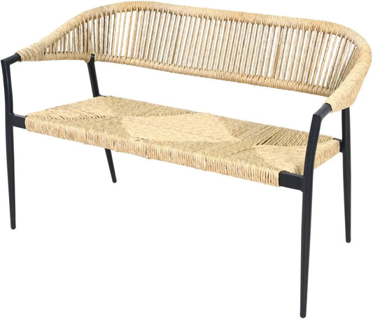 Banc d'extérieur Lario, Rotin PE/Aluminium, Résistant, 118x62x80 cm, 2 Places, Beige/Noir