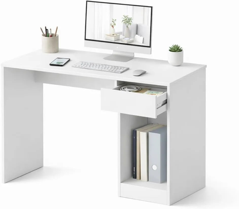 Table de Bureau Moderne en Blanc avec Rangement, 120x75,5x50 cm - Pour Enfants et Adultes, avec Tiroir et Compartiment, Idéale pour Chambre ou Salon