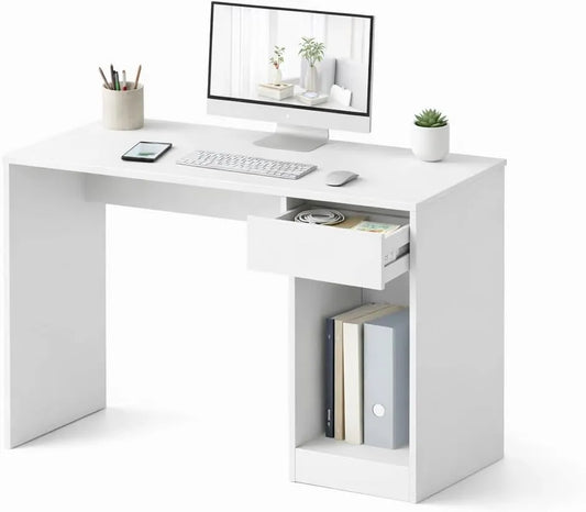 Table de Bureau Moderne en Blanc avec Rangement, 120x75,5x50 cm - Pour Enfants et Adultes, avec Tiroir et Compartiment, Idéale pour Chambre ou Salon