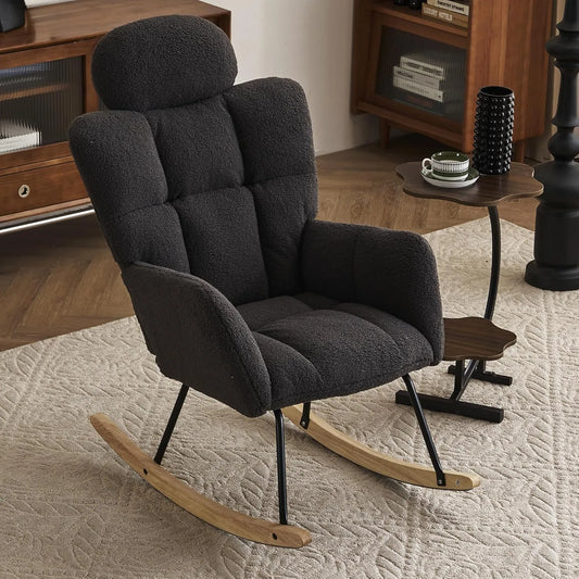Chaise à Bascule Scandinave avec Tissu Bouclette et Appui-tête, Pieds en Bois Massif, Gris Foncé