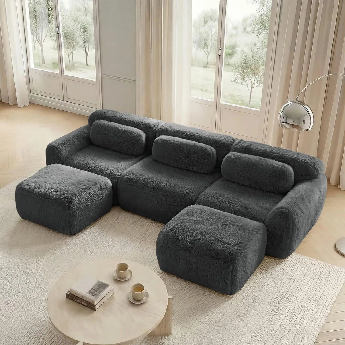 Canapé d'Angle Modulable 3 Places avec Poufs, Tissu Peluche, Sans Assemblage Requis, pour Salon ou Bureau, Gris