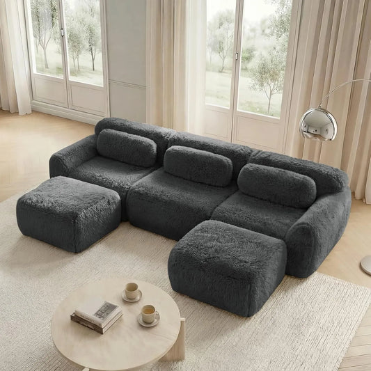 Canapé d'Angle Modulable 3 Places avec Poufs, Tissu Peluche, Sans Assemblage Requis, pour Salon ou Bureau, Gris