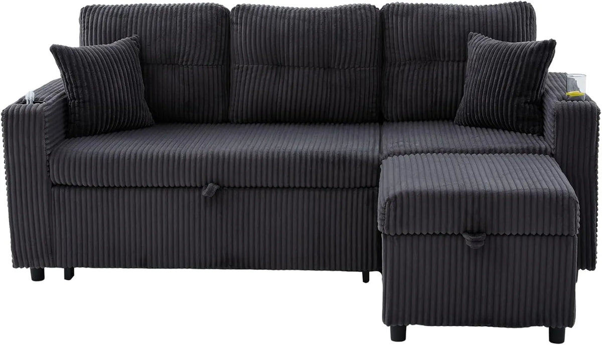 Sofa d'angle modulable en velours côtelé avec rangement, méridienne réversible et éclairage LED (Gris foncé)