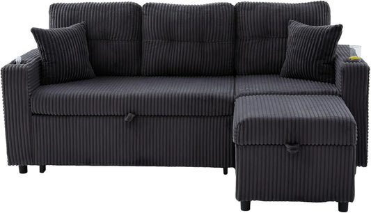 Sofa d'angle modulable en velours côtelé avec rangement, méridienne réversible et éclairage LED (Gris foncé)