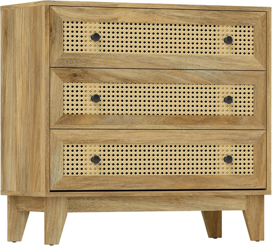 Meuble de Rangement à 3 Tiroirs en Rotin Style Bois Clair