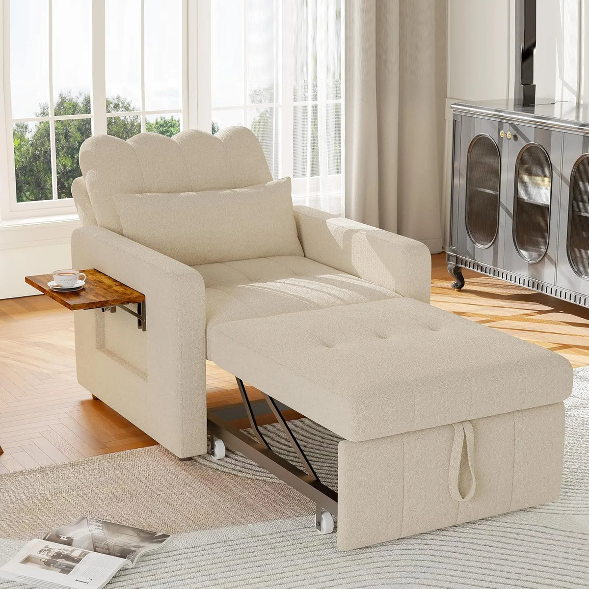 Canapé Convertible 1 Place, Fauteuil Lit 3-en-1 avec Dossier Réglable et Table Pliable, Inclus Matelas et Poches de Rangement