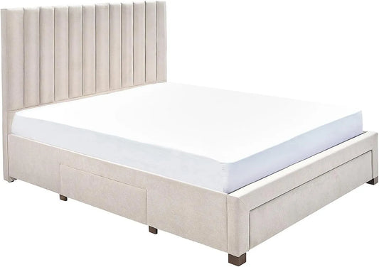 Lit Double en Tissu Beige avec 3 Tiroirs de Rangement 160x200 cm - Modèle LIAKO