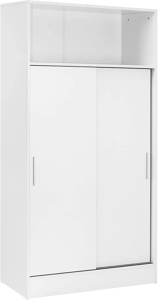 Armoire de Rangement 2 Portes Coulissantes, 4 Étagères, Blanc, 82x38x157cm