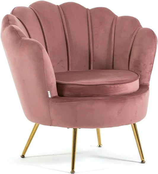 Fauteuil en velours rose avec piètement doré, design rétro pour salon et chambre