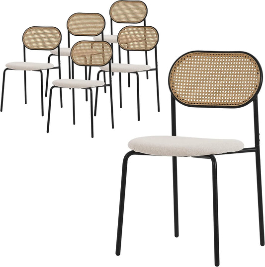 Ensemble de 6 Chaises Élégantes en Rotin et Métal avec Assise Beige pour Salle à Manger