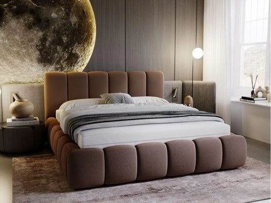 Lit Double Velours Marron 160x200 avec Sommier à Lattes et Tête de Lit - GRAINGOLD