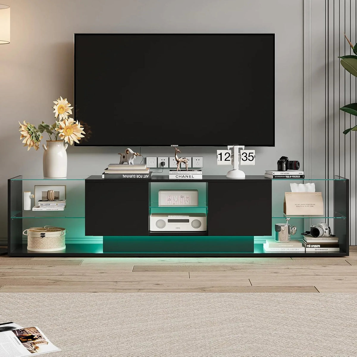 Meuble TV Moderne en Bois et Verre avec Rangement 200 cm, Noir