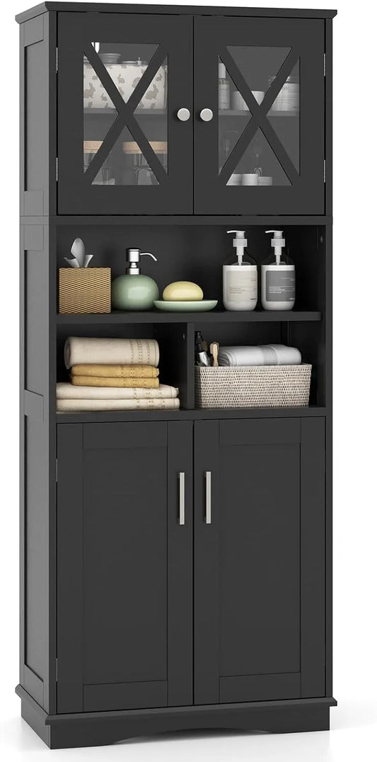 Armoire de Rangement Noir 145 cm avec Portes Acryliques et Compartiments Ouverts
