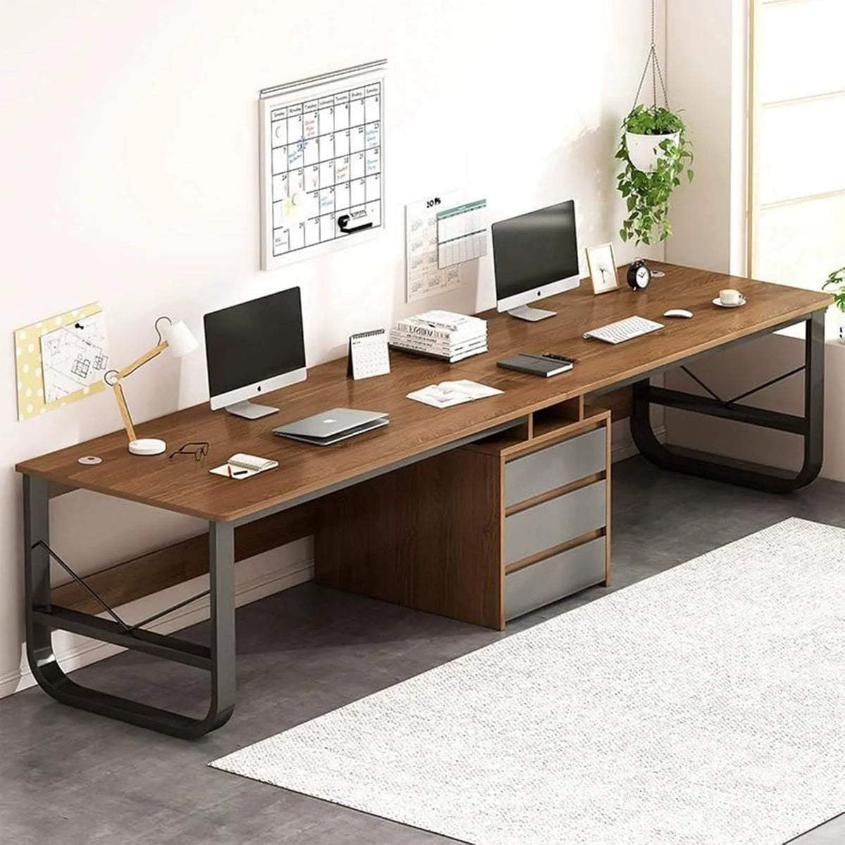 Bureau Informatique Double avec Tiroirs - 200/240 cm, Table d'Écriture et Bureau d'Étude pour Télétravail