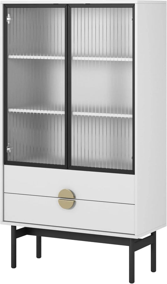 Vaisselier Moderne Selsey en Blanc Mat avec Pieds en Acier Noir et Poignées Dorées, 150x85x41cm - Vitrine en Verre avec Étagères et Tiroirs Push-to-Open
