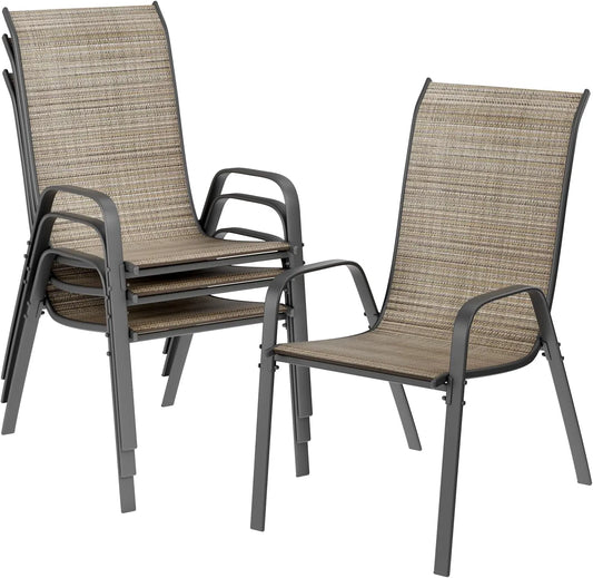 Chaises de Jardin Empilables LIFERUN, Dossier Haut, Acier et Textilène, Lot de 4, Brun Lin