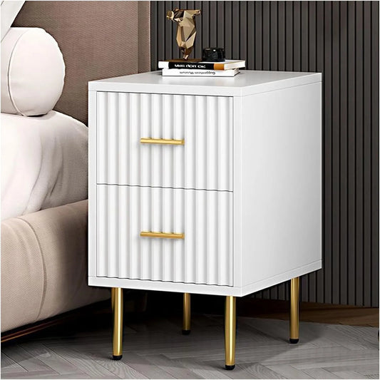 Table de Chevet Contemporaine avec Tiroirs, Style Bohème, Pieds Métalliques Noirs, Parfaite pour Salon ou Bureau, 66 cm, 2 Tiroirs, Blanche
