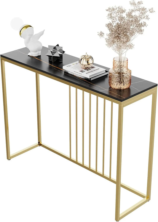 Table Console Moderne en Marbre Noir et Doré pour Entrée et Salon - Dimensions 100x30x78.5 cm