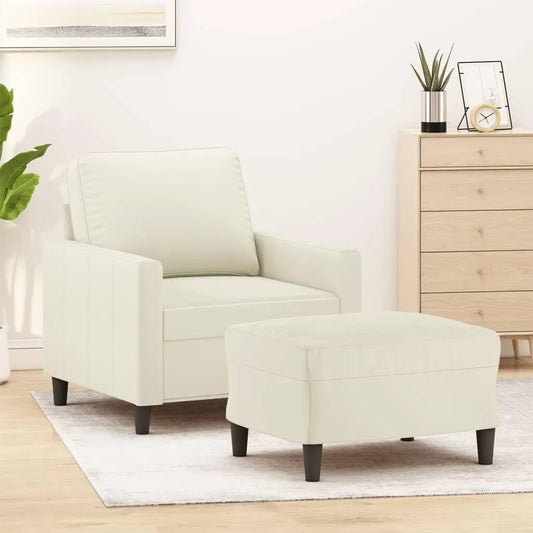Fauteuil confortable en velours crème avec repose-pieds, structure métallique durable, idéal pour salon et chambre, capacité 110 kg