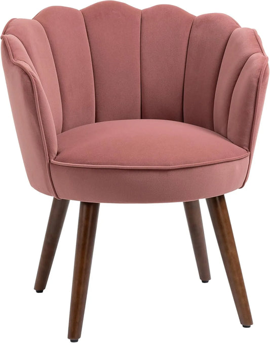 Fauteuil Design Coquillage en Velours Rose avec Pieds Bois