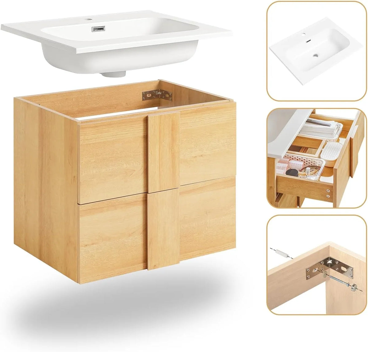 Ensemble de Salle de Bain en Bois avec Lavabo Céramique et 2 Tiroirs 61x46x54 cm
