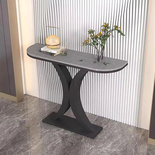 Table Console Demi-Lune en Fer Forgé pour Entrée - Gris 80x30x80cm
