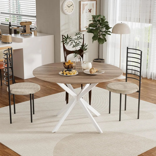 Table Ronde 120 cm en Bois Noyer et Métal Noir, Pieds Blancs, Style Rétro pour Salle à Manger, Capacité 4 à 6 Personnes